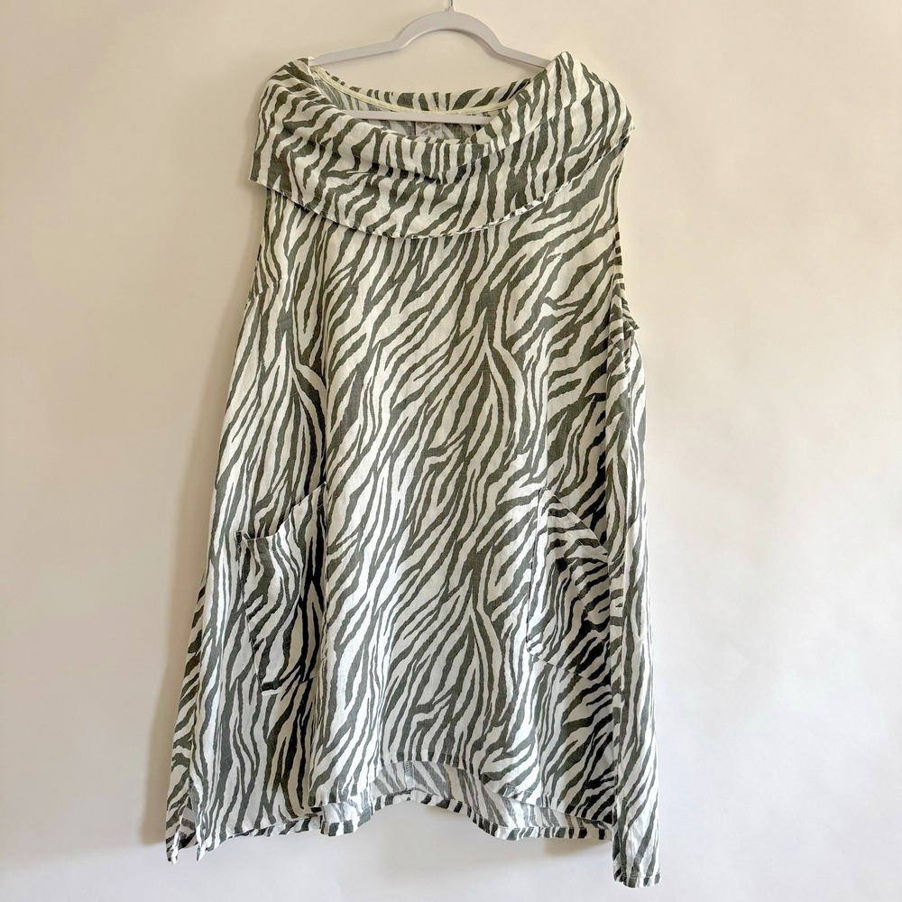 Match Point USA 100% Linen Tunic XL Zebra Lagenlook Pockets Assymetrical
